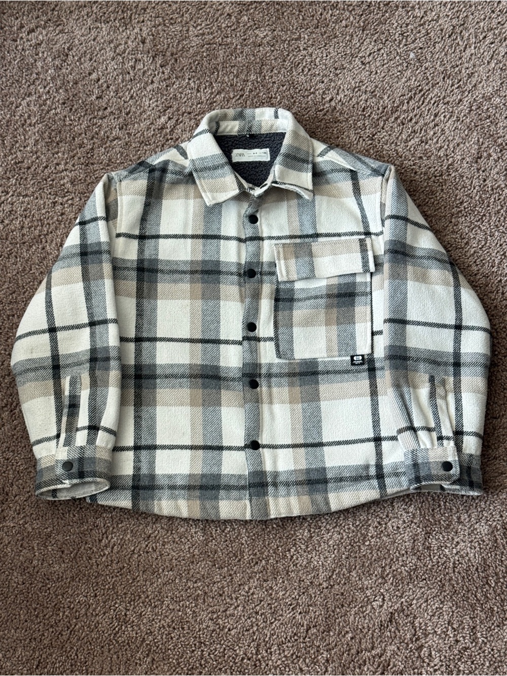 Zara Cream, Gray & Black Plaid Button-Front Kids Shacket